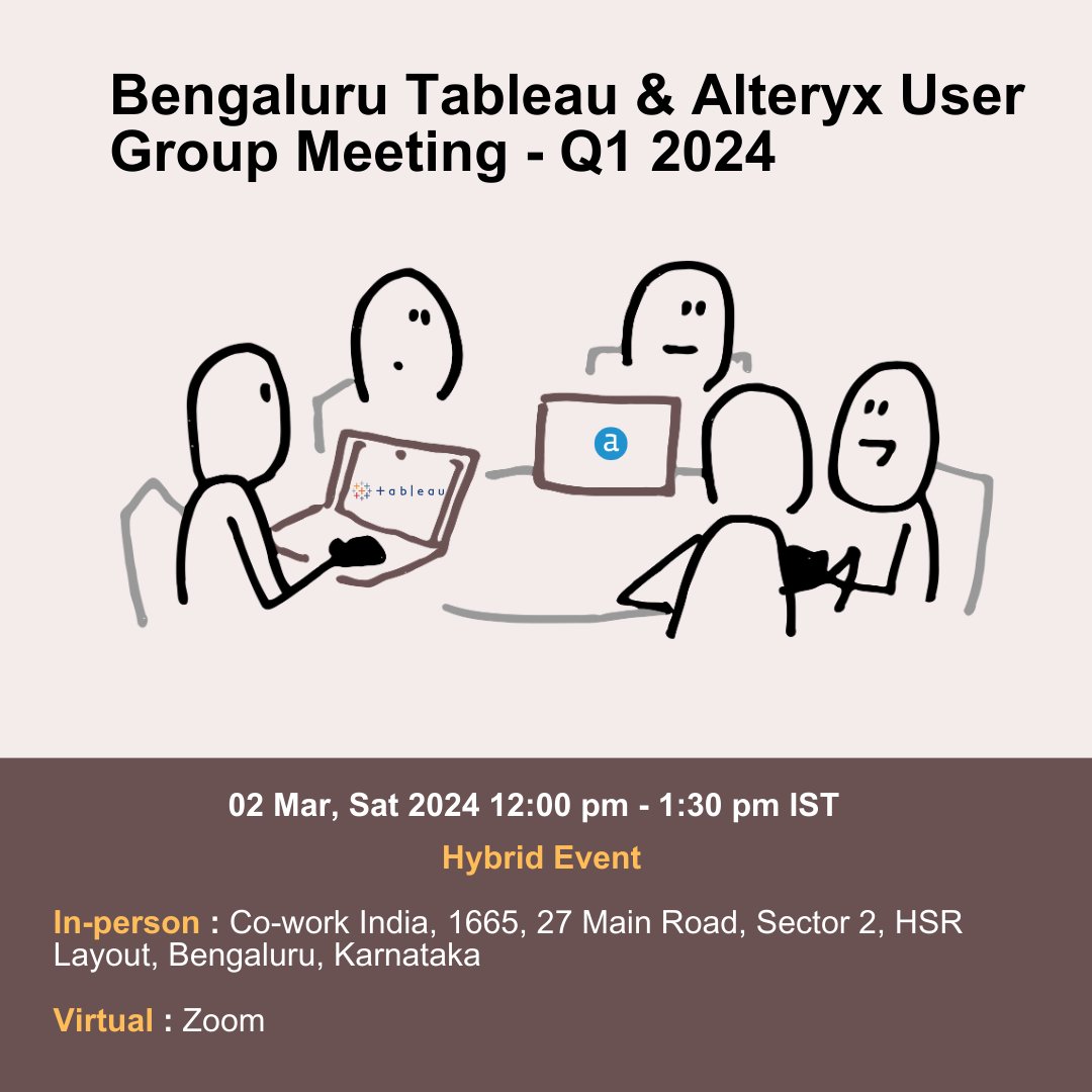 Hi #Datafam - Bengaluru Tableau and Alteryx user groups are joining forces on Mar 2nd 2024. RSVP for more details! 

Register here: 

usergroups.tableau.com/events/details…

community.alteryx.com/t5/Bengaluru-I…

Zoom Link - community-alteryx.zoom.us/meeting/regist…