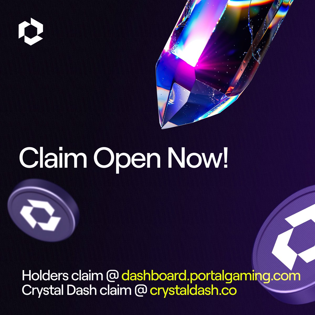 $PORTAL claim is now open!

🫡 Holders claim @ dashboard.portalgaming.com
💎 Crystal Dashers claim @ crystaldash.co

The token launch begins in 30 mins, at 10am UTC. Permitted jurisdictions only 💻👀.

The next stage of our journey is about to begin - be ready.