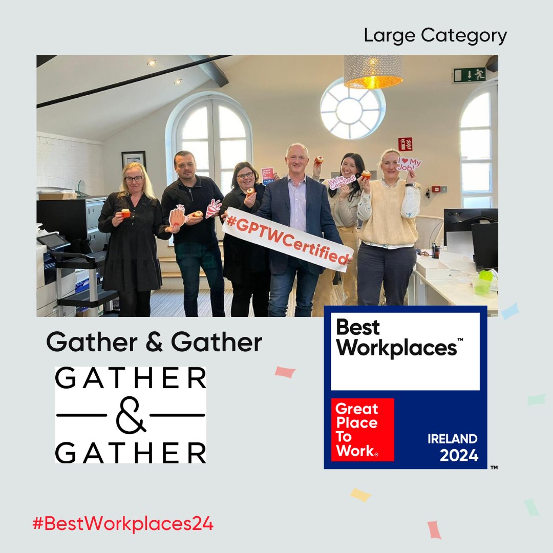 We are proud to announce that Gather and Gather (@GatheredIreland) achieved the recognition of Best Workplace™ in Ireland 2024 in the Large Category! Congratulations 👏 🎉 Discover the full list here 👉 hubs.li/Q02myq8s0 #bestworkplaces24