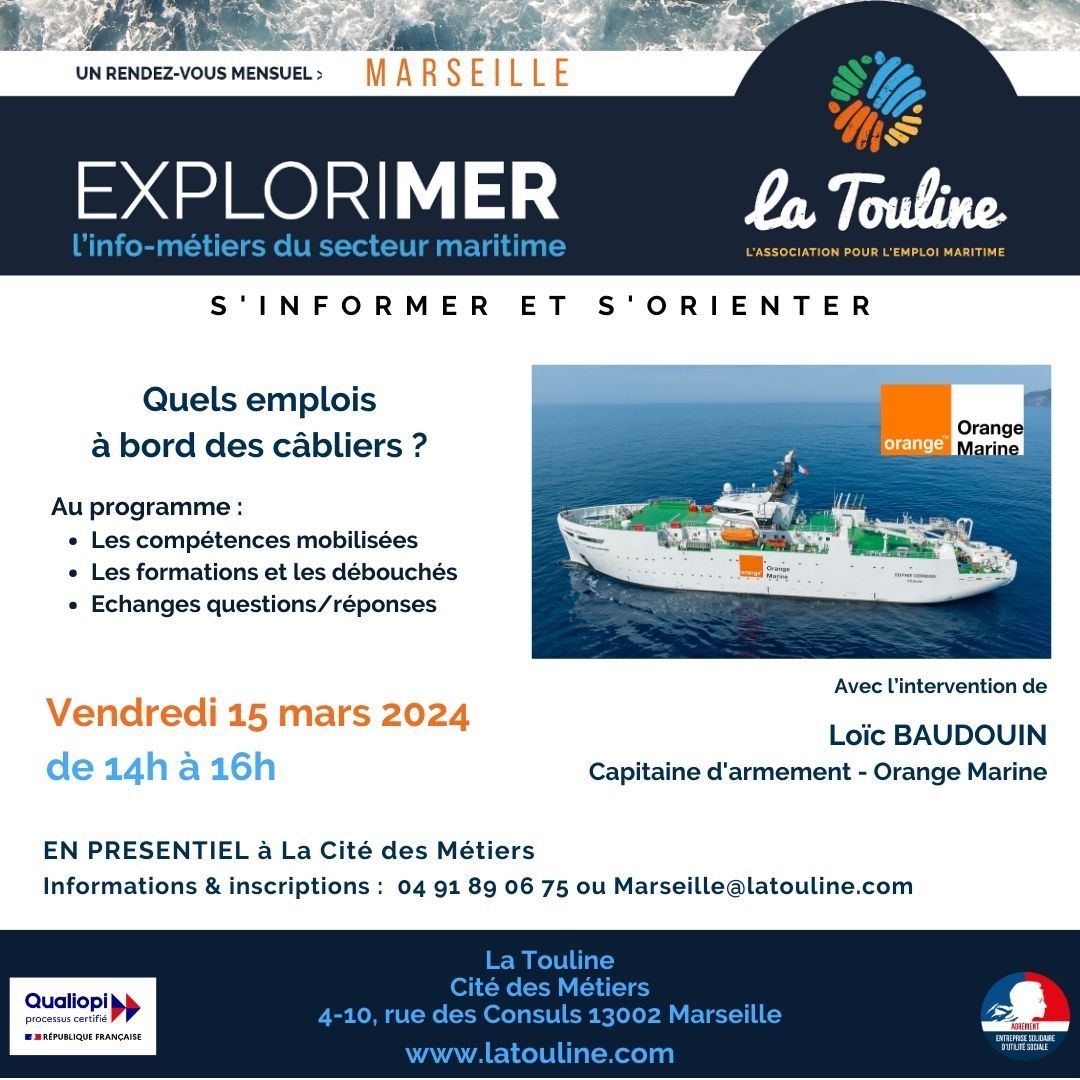 #ExploriMer, le rendez-vous info-métiers de l'Association La Touline du 15 mars 📅 prochain sera dédié aux #métiers que l'on trouve à bord des #câbliers : métiers stratégiques.

🎙️A cette occasion, notre capitaine d'armement apportera son témoignage 🟧🚢

citedesmetiers.fr/evenements/?id…