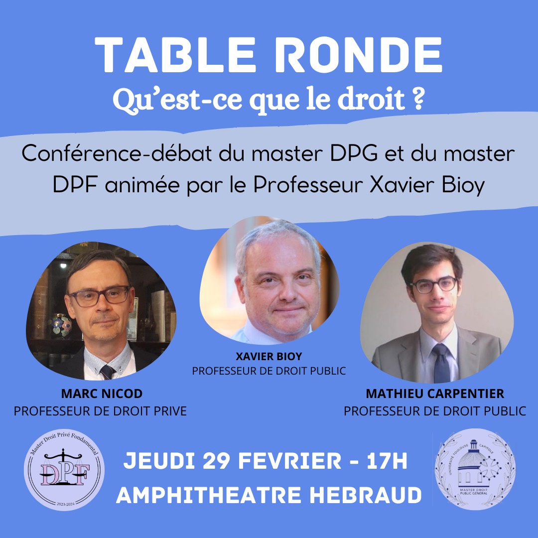 École de droit de Toulouse (@ecoledroittlse) on Twitter photo 📢🗣️ Ne manquez pas ce soir la table ronde organisée par les Masters #DroitPrivé Fondamental et #DroitPublic Général autour de la question "Qu'est-ce que le droit" ?
La conférence sera animée par le Pr Xavier Bioy avec comme intervenants les Prs <a href="/m_docin/">Marc Nicod</a> et <a href="/CarpentierUT1/">Mathieu Carpentier</a> 👇👇 📢🗣️ Ne manquez pas ce soir la table ronde organisée par les Masters #DroitPrivé Fondamental et #DroitPublic Général autour de la question "Qu'est-ce que le droit" ?
La conférence sera animée par le Pr Xavier Bioy avec comme intervenants les Prs <a href="/m_docin/">Marc Nicod</a> et <a href="/CarpentierUT1/">Mathieu Carpentier</a> 👇👇