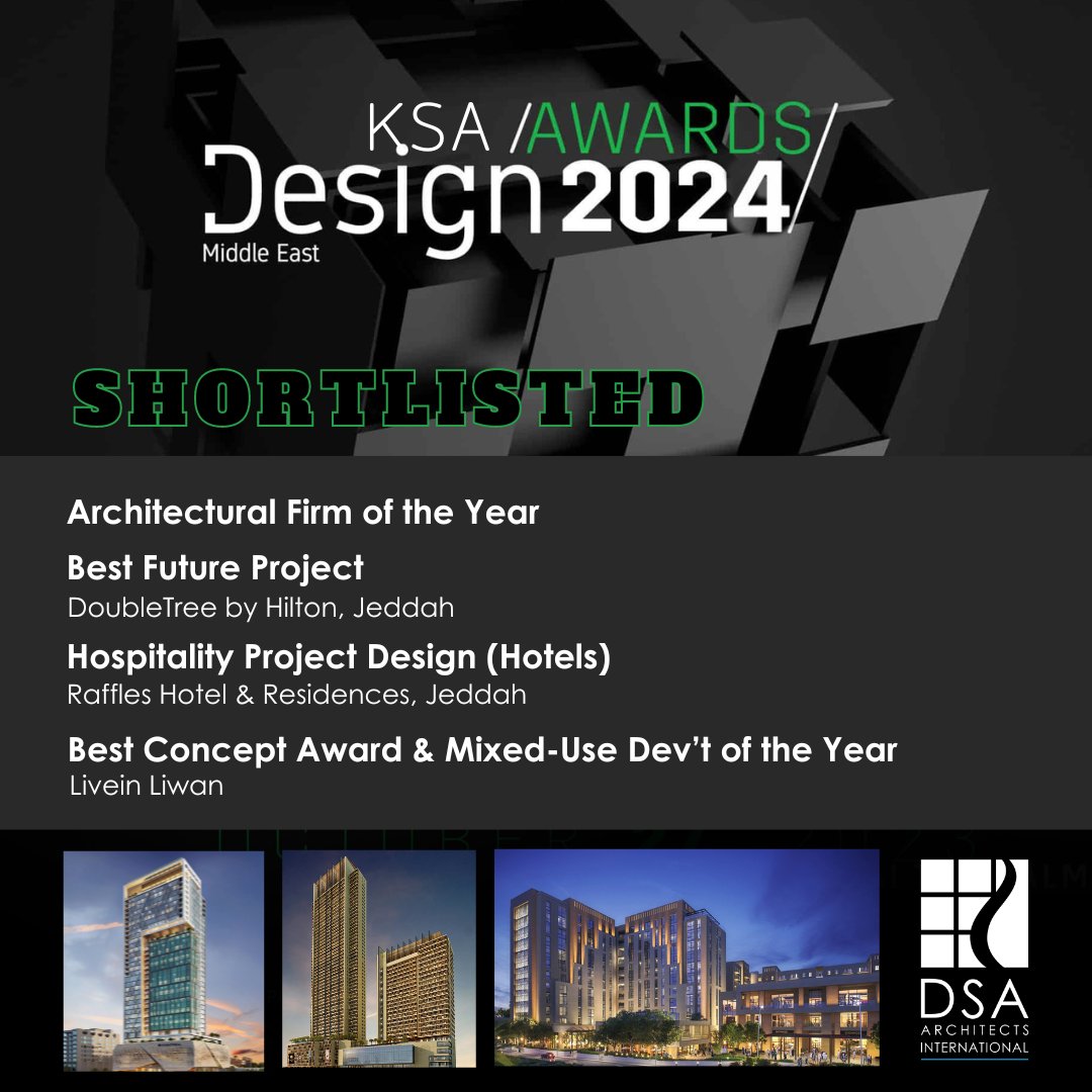 We are thrilled to share that #DSA has been shortlisted for the prestigious @DesignMidEast Awards #KSA 2024! It is an honour to be recognised as one of the top contenders in 5 categories that celebrate outstanding #design & #creativity.