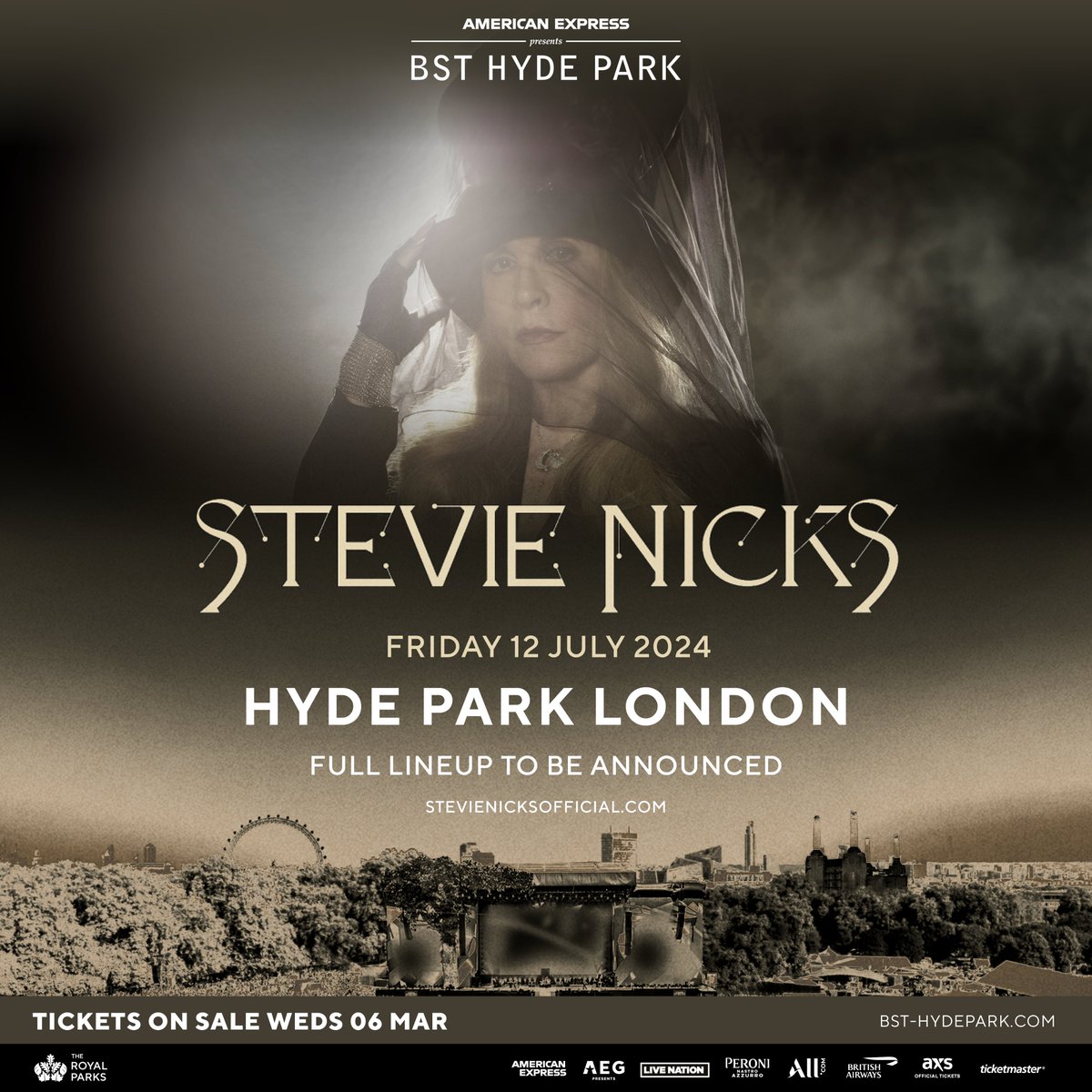 We're thrilled to announce that music legend @StevieNicks is headlining American Express presents BST Hyde Park on Friday 12 July 2024, with a full lineup to be announced 🌙 🎟 BST Hyde Park presale goes live at 10am GMT Monday 4 March. Get access to the Stevie Nicks presale…