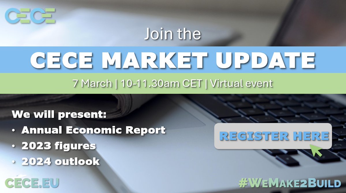 CECE_Europe's tweet image. ⏰ Last chance to register! ⏰

Join us for the CECE Market Update on 7 March as we present our Annual Economic Report, 2023 figures and 2024 outlook 📈📊📉
#WeMake2Build

Register here 👉 bit.ly/3wkEPle