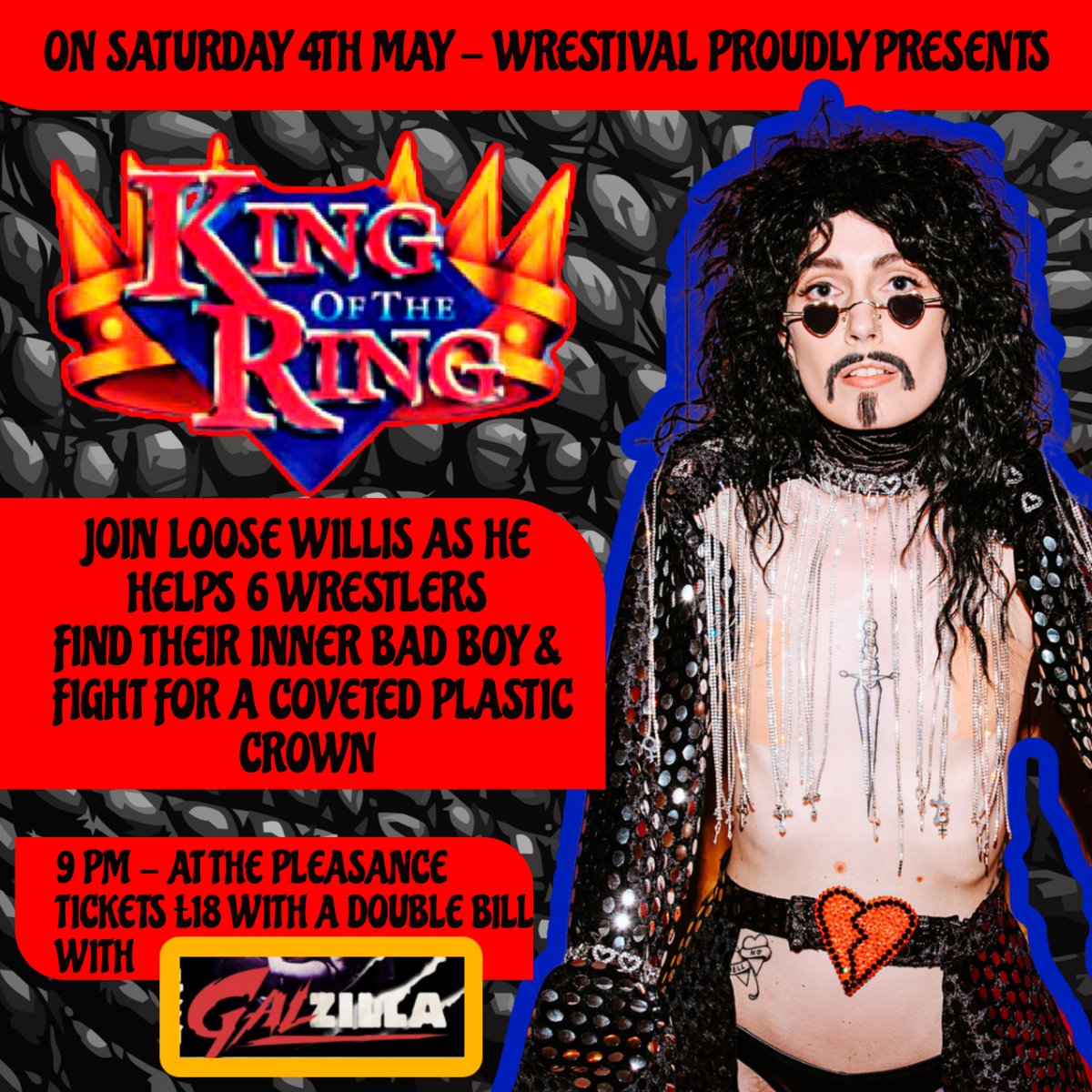 Wrestival Shoverview 3/6 Saturday 4th May  @thepleasance   #worldpremier of #kingofthering -  #wrestlingmark &amp; #masterofmayhem <a href="/kingloosewillis/">Loose</a>  transforms 6 #femalewrestlers in to their inner #machoman   Doublebill w/ <a href="/galzillaldn/">galzillaldn</a>  #payday tinyurl.com/yrnr7wjp