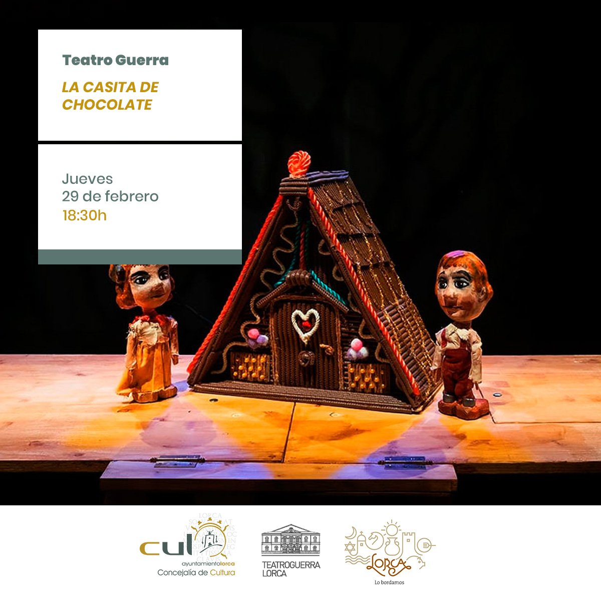Hoy la compañía murciana #LosClaveles trae al <a href="/TeatroGuerra/">Teatro Guerra</a> el espectáculo ‘La casita de chocolate’ ​​🏚️​🍫​

📅​29 de febrero
​🕛​ 18:00h 
📍 Teatro Guerra, <a href="/AytoLorca/">Ayuntamiento Lorca</a>
🎪A partir de 3 años  

#Teatro  #Lorca