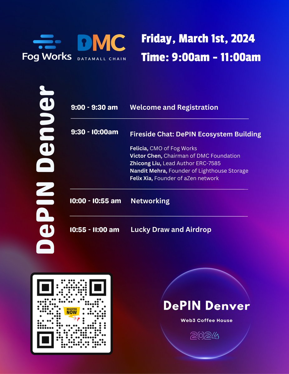 📅 Exciting schedules await on March 1st! 
Join us for a day filled with learning and networking at DEPIN Denver.

Don't miss the highlight of the day: our founder Felix  will be a featured Speaker in a Fireside Chat. Get ready for an engaging session with valuable insights!

We