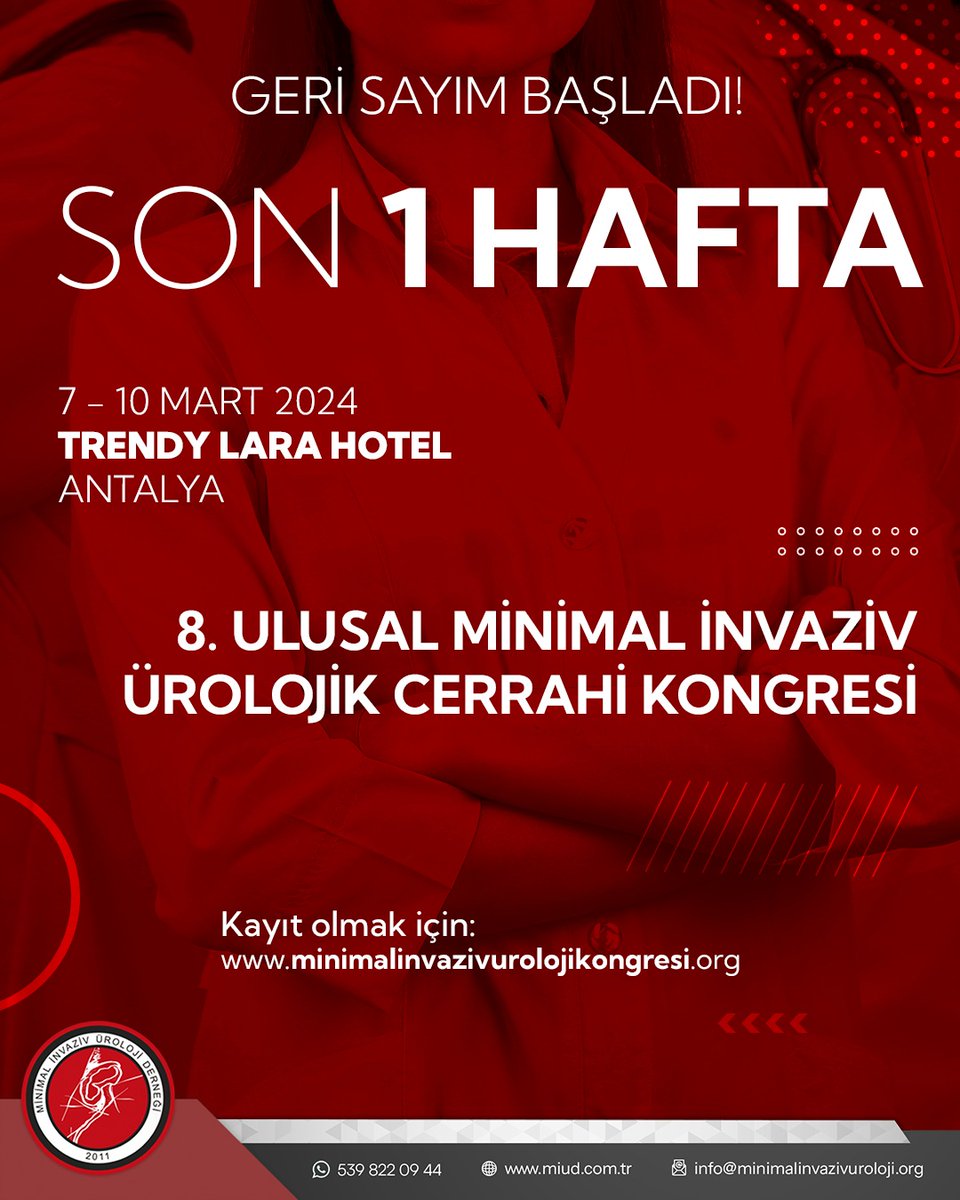 📍 Bu güzel paylaşımın bir parçası olmak için kayıt olun, 7-10 Mart, Antalya Trendy Lara Otel'de buluşalım. 📍
Kayıt için websitemizi ziyaret edebilirsiniz🌺
🌎 minimalinvazivurolojikongresi.org

#MİÜD #kongre #sempozyum #bildiri #üroloji #cerrahi #cerrah #ürolog #kanser #tedavi