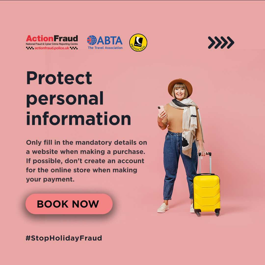 🙅‍♀️Only share necessary details during online transactions. Avoid sharing personal information on social media – cyber criminals are always watching.
Keep your data safe. 📲

actionfraud.police.uk/holidayfraud

#StopHolidayFraud