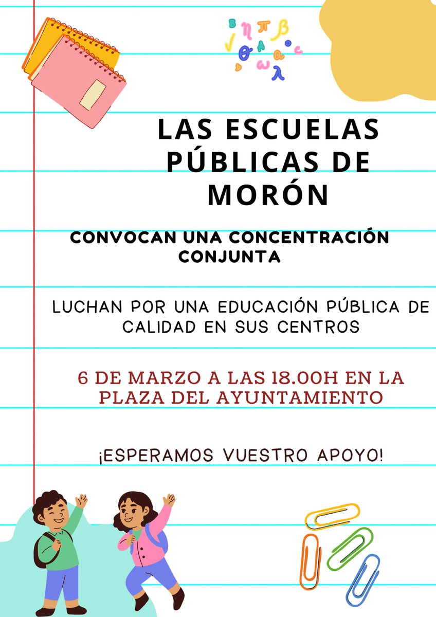 ⚠️ La Junta pretende recortar 10 clases públicas en los centros educativos de Morón

💚 La comunidad educativa ha estado recogiendo firmas en los colegios e institutos

📢 Martes 6, concentración unitaria en el ayuntamiento a las 18h

#NiUnAulaMenosEnLaPública #BajadaDeRatioYa