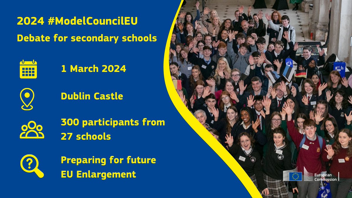 EU Commission in Ireland (@eurireland) on Twitter photo Tomorrow, students from 27 schools from all over Ireland 🇮🇪 will gather in <a href="/dublincastleopw/">Dublin Castle</a> for the 2024 #ModelCouncilEU debate.
This year's theme is #EUEnlargement: “Reforming the EU for Future Enlargement”.
We're looking forward to a lively and interesting debate!
#EU4Youth Tomorrow, students from 27 schools from all over Ireland 🇮🇪 will gather in <a href="/dublincastleopw/">Dublin Castle</a> for the 2024 #ModelCouncilEU debate.
This year's theme is #EUEnlargement: “Reforming the EU for Future Enlargement”.
We're looking forward to a lively and interesting debate!
#EU4Youth