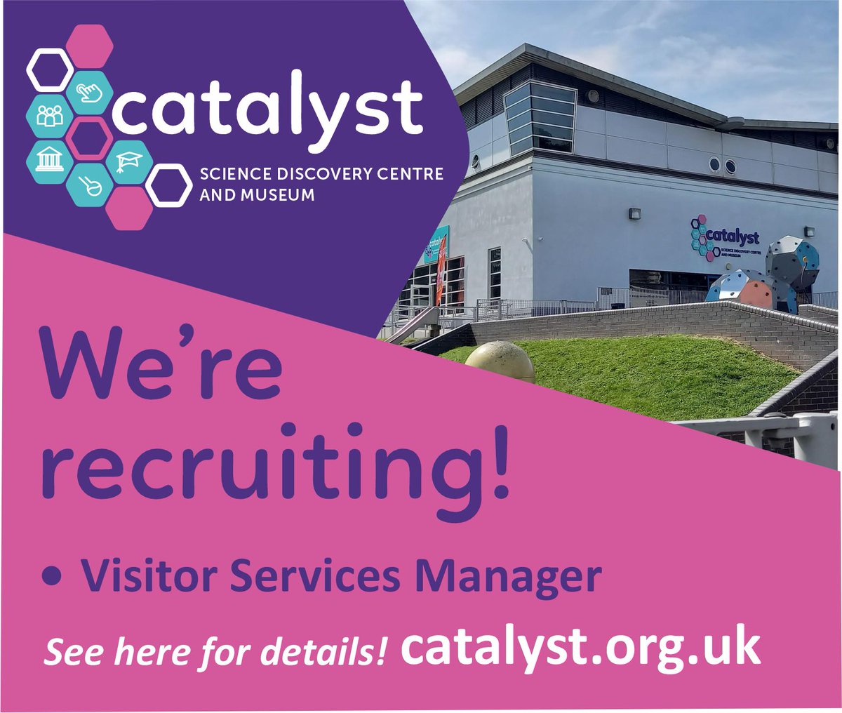 WE'RE RECRUITING for a Visitor Services Manager! These are exciting times at Catalyst as we continue to grow our visitor appeal and prepare for a major re-invention of our exhibits. If you'd like to join us on our journey, click here for more information catalyst.org.uk/wp-content/upl…