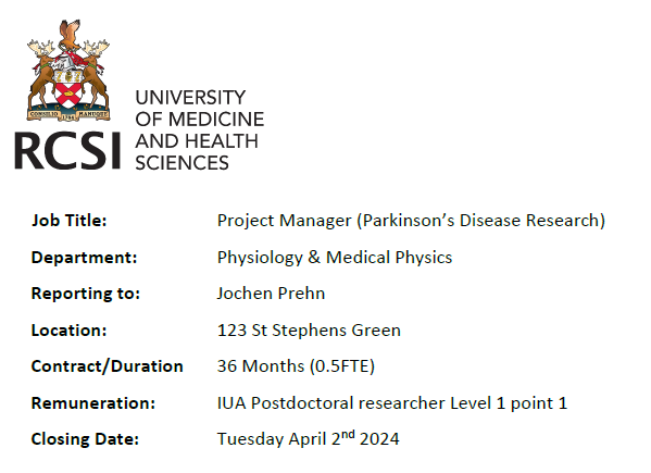 We're #hiring ! Join us in this exciting Project Manager role in #Parkinsons research! Closing date: April 2nd! Apply here: bit.ly/3SQbbf8 @ProfJochen @RCSI_Research @RCSI_Irl #opportunity #jobfairy