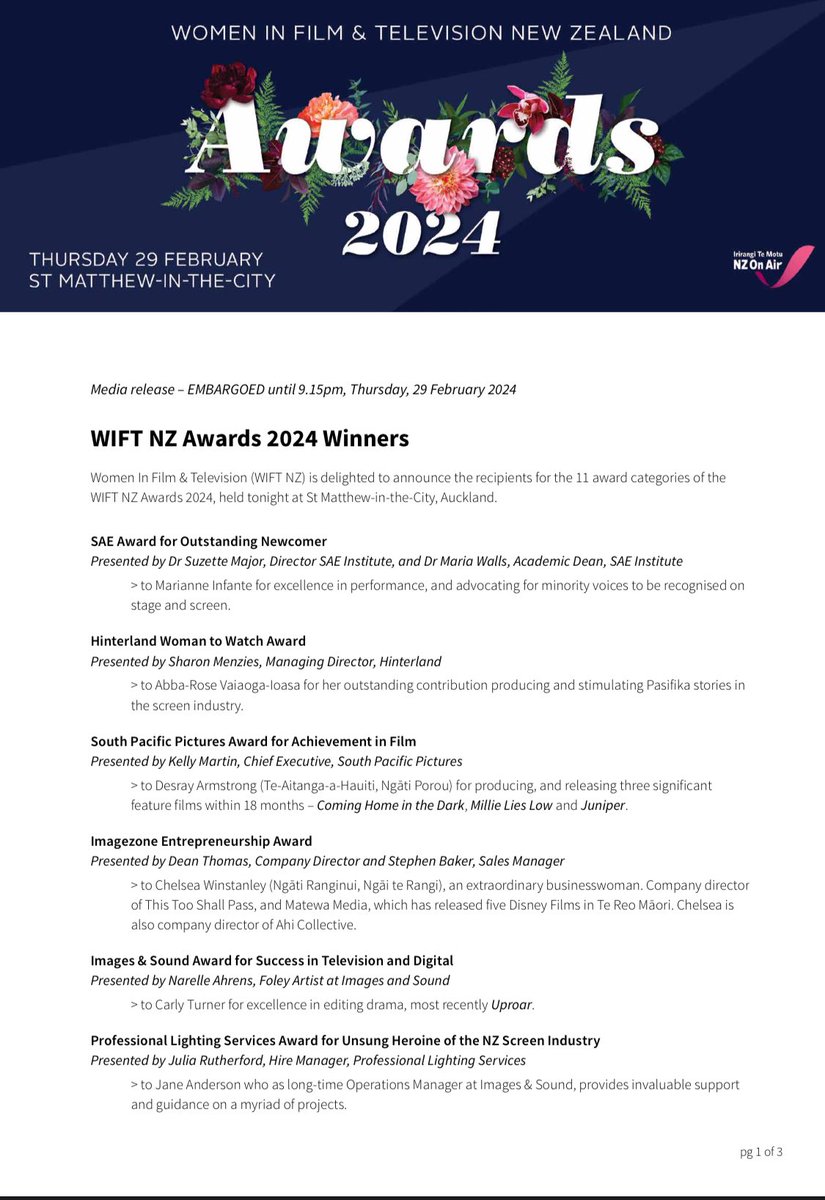 meetninjunkie's tweet photo. I am thrilled to share the winners of the Women in Film and Television New Zealand (WIFT NZ) Awards 2024. 
- kylie leggoe || great nz publicity #wiftnz https://t.co/4FZONRPM69