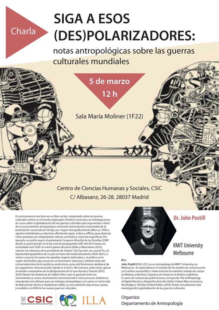 ASAEE (@asaeeantropo) on Twitter photo Seminario de <a href="/JohnPostill/">John Postill</a> sobre culturas de la polarización global.
El próximo 5 de marzo a las 12h en el Departamento de Antropología del <a href="/CCHS_CSIC/">Ciencias Humanas y Sociales (CCHS - CSIC)</a> Seminario de <a href="/JohnPostill/">John Postill</a> sobre culturas de la polarización global.
El próximo 5 de marzo a las 12h en el Departamento de Antropología del <a href="/CCHS_CSIC/">Ciencias Humanas y Sociales (CCHS - CSIC)</a>