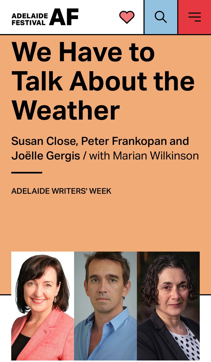 Joelle Gergis (@joellegergis) on Twitter photo Looking forward to <a href="/adelwritersweek/">Adelaide Writers' Week</a> this weekend. If you are around on Saturday, Iām on at 2:30pm speaking about how weather and climate has shaped society. Come say hi, itās free!
adelaidefestival.com.au/events/2024-wr⦠Looking forward to <a href="/adelwritersweek/">Adelaide Writers' Week</a> this weekend. If you are around on Saturday, Iām on at 2:30pm speaking about how weather and climate has shaped society. Come say hi, itās free!
adelaidefestival.com.au/events/2024-wrā¦