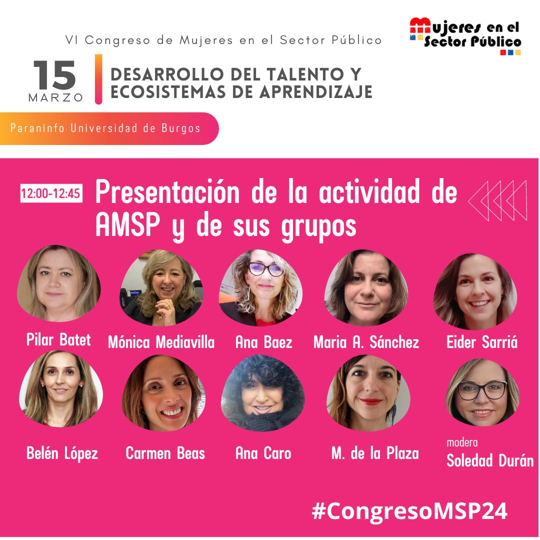 #CongresoMSP24 #Burgos #Programa 
#mujeresSP tendrá un espacio en el congreso para compartir su actividad y grupos
✅<a href="/mpbatet/">Maria Pilar Batet</a> 
✅<a href="/mon_mediavilla/">Monica Mediavilla</a> 
✅<a href="/AnaBaezF/">Ana Báez</a> 
✅<a href="/marriamor/">Maria Amor</a> 
✅<a href="/CarmenBeas/">Carmen</a> 
✅<a href="/ANAICARO72/">ANA CARO</a> 
✅<a href="/emedelap/">María</a> 
✅<a href="/sarria_eider/">Eider Sarria Gutiérrez</a> 
✅Belén López
Modera Soledad Durán