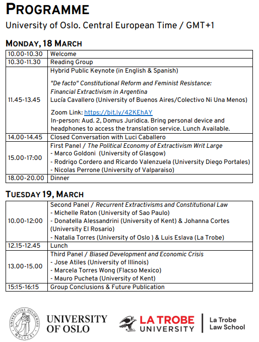 We are pleased to announce the upcoming workshop 'Extractive Constitutionalism: Precarity, Nature, and Resistance in Latin America' in Oslo on March 18-19, 2024. Organised by @smr_uio and @latrobelaw. Visit the webpage and sign up: jus.uio.no/smr/english/ab…