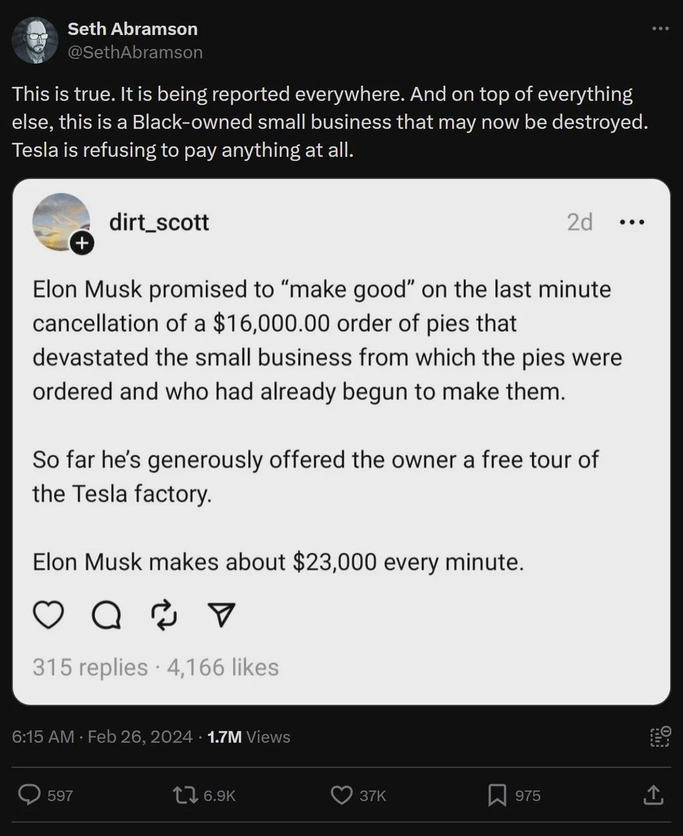 Hi <a href="/elonmusk/">Elon Musk</a> it's me again. Third time posting you and the shit you do to people. You're a billionaire. You make double this every day. Pay your bills you cretin