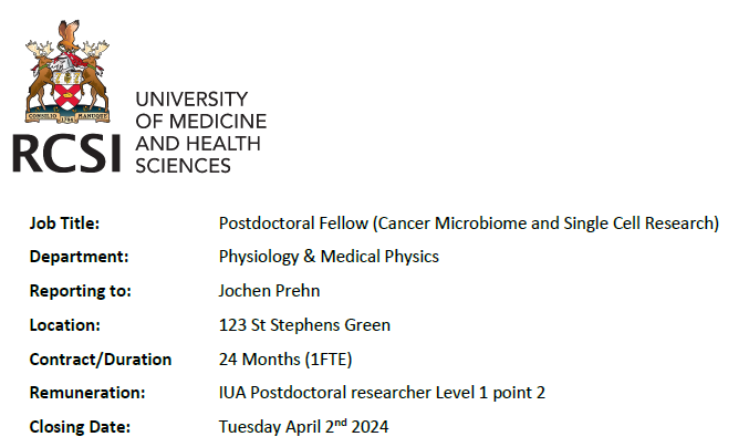 We're #hiring ! Join us in this exciting Postdoctoral Fellowship in #CancerResearch ! Closing date: April 2nd! Apply here: bit.ly/49uEvPf @ProfJochen @RCSI_Research @RCSI_Irl @Centresysmed #opportunity #jobfairy