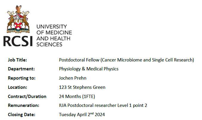 Physiology RCSI (@physiologyrcsi) on Twitter photo We're #hiring ! Join us in this exciting Postdoctoral Fellowship in #CancerResearch !
Closing date: April 2nd!
Apply here: bit.ly/49uEvPf
<a href="/ProfJochen/">Prof Jochen Prehn</a> <a href="/RCSI_Research/">RCSI Research and Innovation</a> <a href="/RCSI_Irl/">RCSI</a> @Centresysmed
#opportunity #jobfairy We're #hiring ! Join us in this exciting Postdoctoral Fellowship in #CancerResearch !
Closing date: April 2nd!
Apply here: bit.ly/49uEvPf
<a href="/ProfJochen/">Prof Jochen Prehn</a> <a href="/RCSI_Research/">RCSI Research and Innovation</a> <a href="/RCSI_Irl/">RCSI</a> @Centresysmed
#opportunity #jobfairy