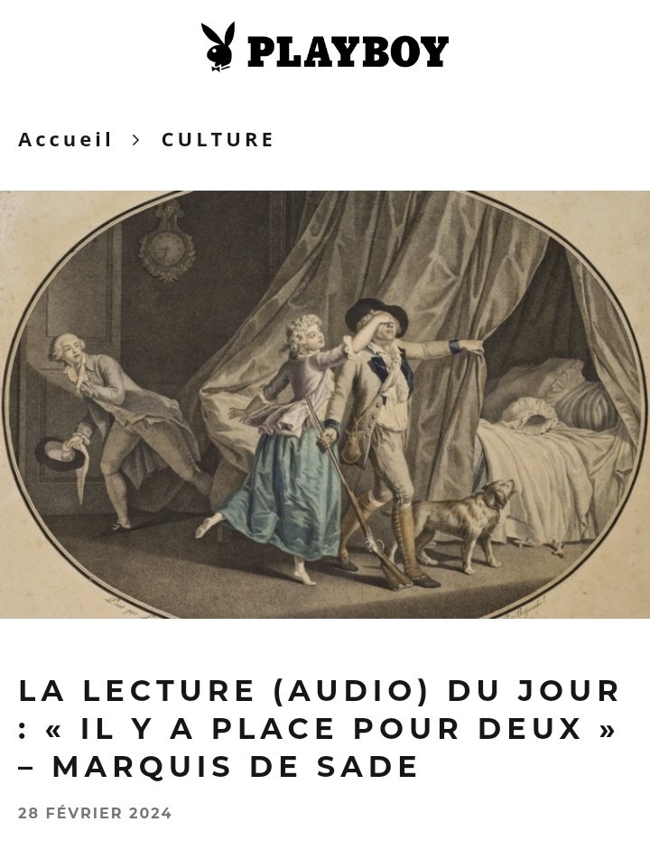 Nouveau petit  format de lecture sur Playboy.fr
Merci <a href="/dvesper/">David Vesper</a> !

playboy.fr/la-lecture-aud…