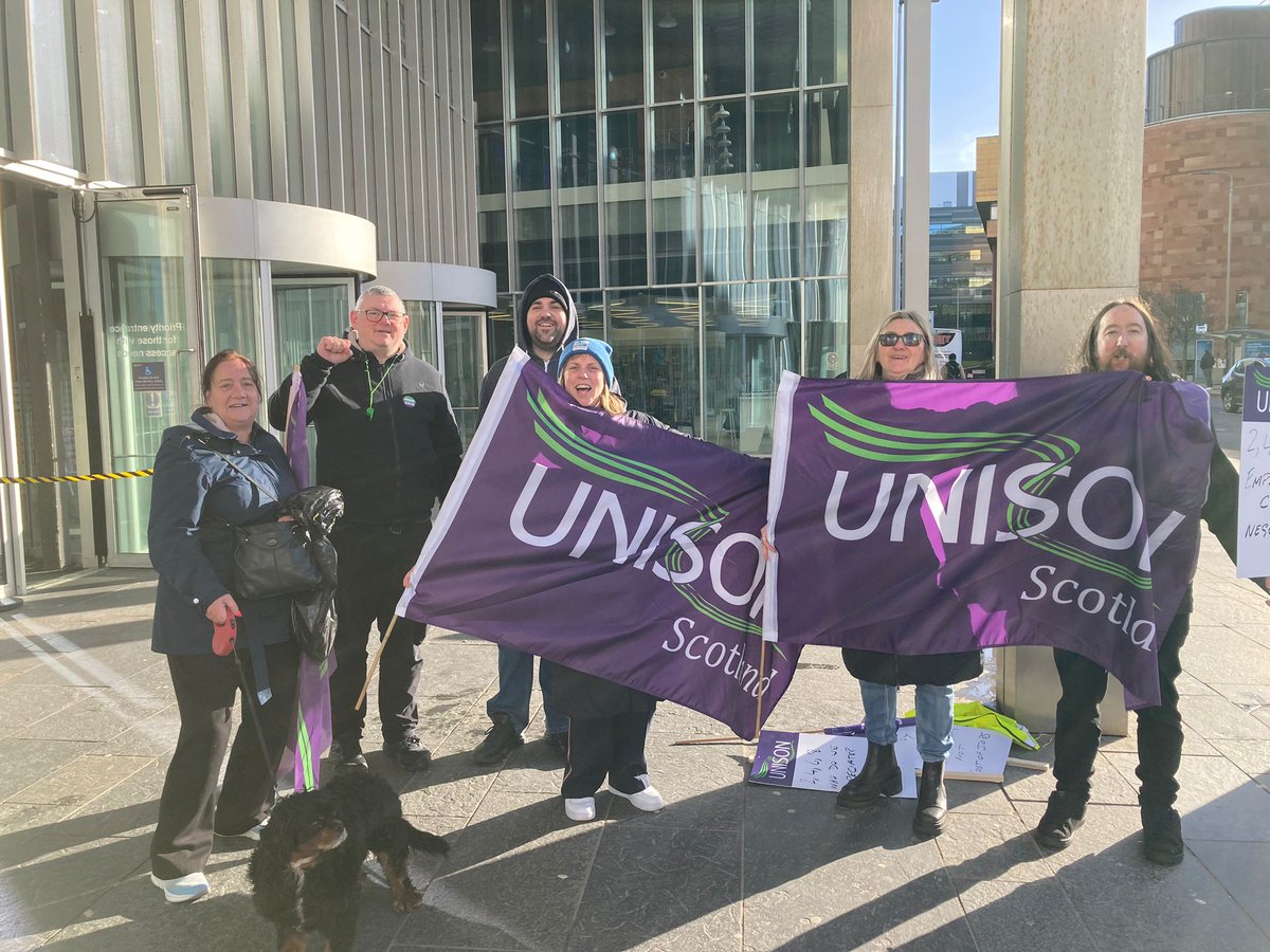 unisonscot's tweet photo. Still waiting for our pay rise from September 2022. Striking today to make it clear – fair wages should not mean sacrificing jobs. #UNISONStrikes https://t.co/0oYPk1oeYW