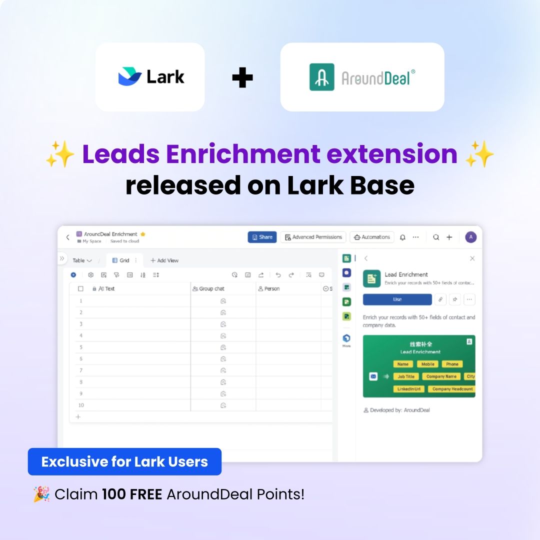Enhance your <a href="/Larksuite/">Lark</a> Base with  Leads Enrichment Extension by AroundDeal🎉 This latest extension uses the power of AroundDeal's 120 million verified leads.

To celebrate, we're offering 100 AroundDeal points for FREE🚀Act fast: larksuite.com/global/register

#leadsenrichment