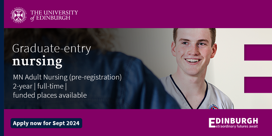 Graduating in 2024 and considering what’s next? Looking for a challenging and stimulating career? The MN Nursing is a two-year full-time programme allowing graduates to become registered nurses. If you live in Scotland, there is full funding available. ed.ac.uk/health/study/p…