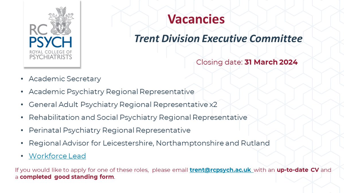 Join our Trent Division Executive Committee and make a difference to your region - further information about the vacancies is available on our website: rcpsych.ac.uk/members/englan………… @DrShahidLatif @DrNijSingh @drraisirfan @clblewett @subodhdave1 @SheffPsychS