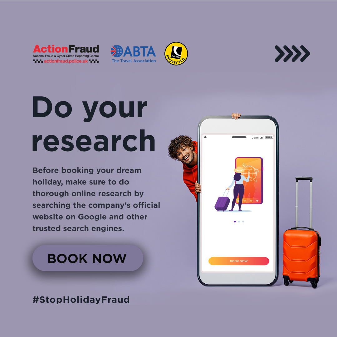 🌄 Unrealistic holiday deals? If it sounds too good to be true, it probably is. Remember to always:
✅ Exercise caution
✅ Do your research and
✅ Always trust your instincts.

Happy travels 🌍✈️

#StopHolidayFraud with our guide to a fraud-free holiday: actionfraud.police.uk/holidayfraud