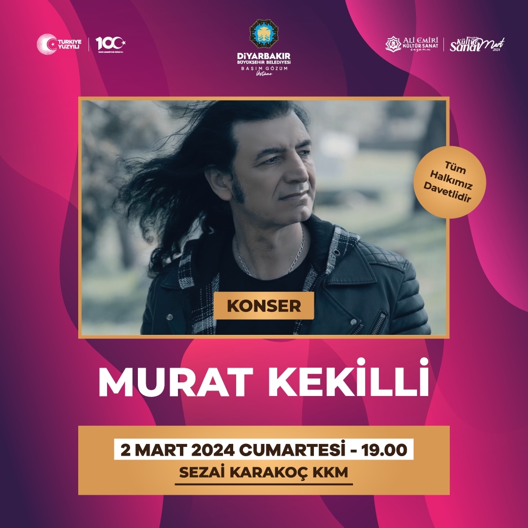 Hem geleneksel hem de Anadolu müziğine yakın duruşununu modern müzik soundlarıyla buluşturan @muratkekilliofficial sevenleriyle buluşuyor 🎶🎸

📅 2 Mart tarihinde
⏰ 19.00'da
📍 Sezai Karakoç KKM'de

👉 Etkinliğimiz ücretsizdir. Tüm halkımız davetlidir.

#KeremKe #Diyarbakır