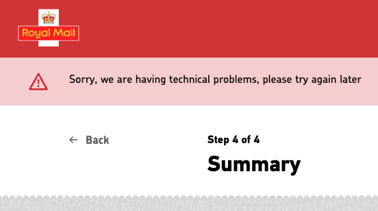 ianegner's tweet photo. @RoyalMailHelp I'm trying to set up a redirection but get this error before payment. Is this a temporary outage or a problem with my details? https://t.co/SkGMnfhTGj