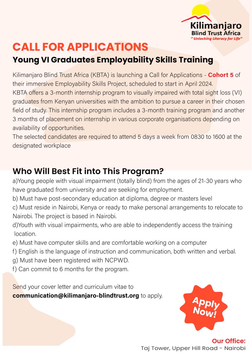 📢Calling all visually impaired graduates! Applications for our Young VI Graduate Employability Training Program are now OPEN! Don't miss this incredible opportunity! Apply today : send your CV and cover letter to communication@kilimanjaro-blindtrust.org