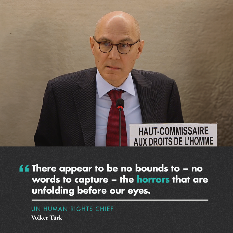 UNHumanRights's tweet photo. UN Human Rights Chief @volker_turk's new report @UN_HRC today:

There are no bounds, no words to capture the horrors unfolding in #Gaza.

We must see the humanity of the other &amp; overcome mindsets engraved by generations of harm &amp; rage.