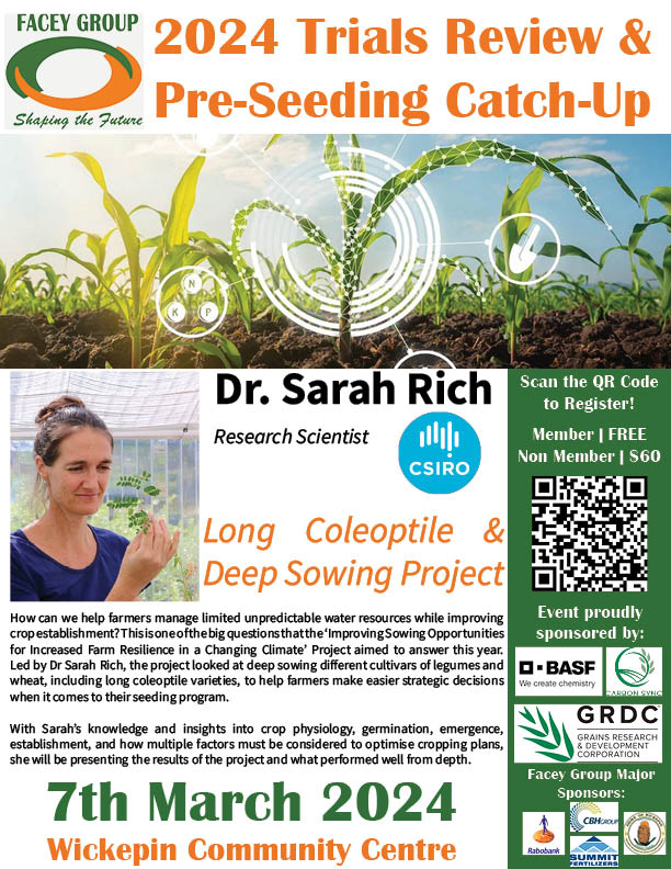 Get excited for guest presenter @_sarah_rich @CSIRO at 2024 @faceygroup Trials Review & Pre-Seeding Catch-Up! Sarah will present on the Long Coleoptile & Deep Sowing Project focusing on improving the #sowingopportunities to increase your #farmresilience in a #changingclimate 🚜🌧️
