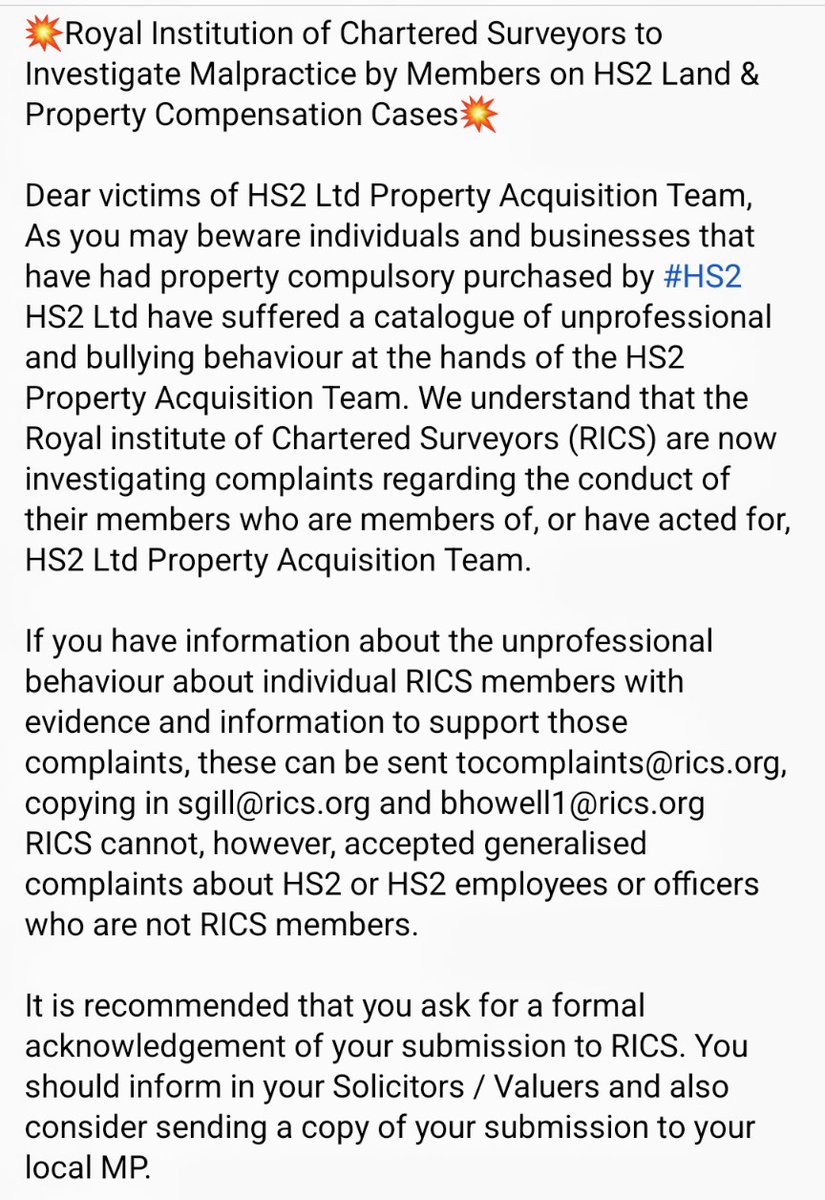 stophs2's tweet photo. 💥Royal Institution of Chartered Surveyors to Investigate Malpractice by Members on HS2 Land &amp; Property Compensation Cases💥
#StopHS2 #HS2 https://t.co/tInCOBOGt2