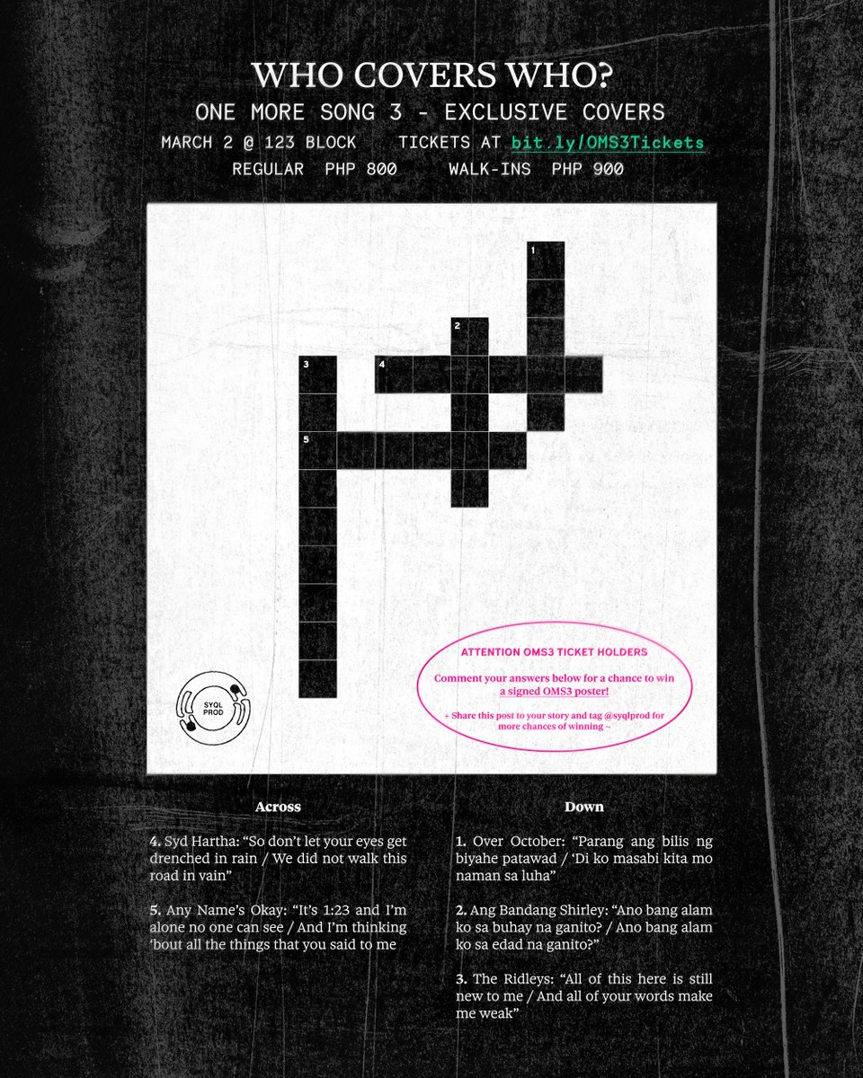 syqlprod's tweet image. Can you guess who covers who at One More Song 3? Get a chance to win a signed poster!☝🏻

📍 MARCH 2 @ 123 BLOCK (4 PM)
🎫 — bit.ly/OMS3Tickets

🎙️LONG SETS BY
@thebandshirley
@sydhartha
@overoctoberph
@theridleysmusic
@AnyNamesOkay
➕ WITH A SPECIAL PERFORMANCE BY
KINDRED