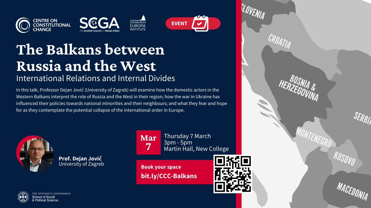 EVENT The Balkans between Russia and the West 7 Mar, 3-5pm @DejanFpzg will examine how the domestic actors in the Western Balkans interpret the role of Russia and the West in their region. Co-sponsors @EuropaInstitute @scga_scot Booking: buff.ly/3UJGafz