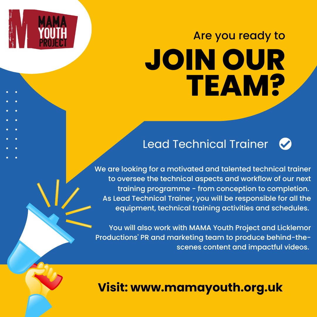 ⚠️ 1 WEEK TO APPLY!⚠️ We're looking for a technical trainer to oversee the technical aspects &workflow of our next training programme. Please submit your application to: cristina@mamayouthproject.org.uk Full job description➡️ ow.ly/MSvL50QFhak Share& spread the word!📢