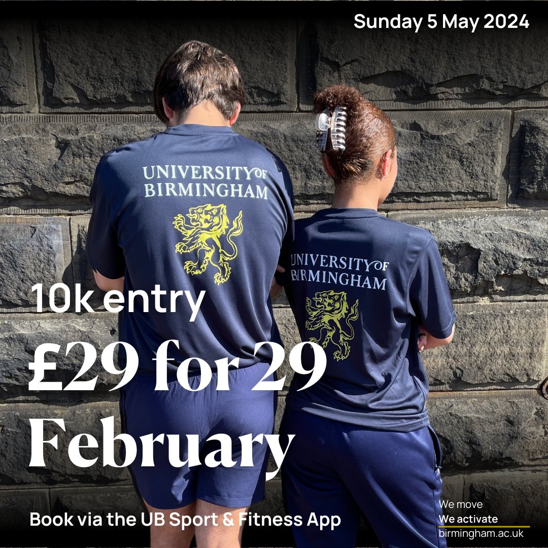 Happy leap year! 💙 Secure your discounted Great Birmingham Run 10K ticket today for £29 + receive a FREE #TeamUoB t-shirt. 📲 Download the UB Sport & Fitness app and purchase under the 'Social Sport' icon More event information: sportandfitness.bham.ac.uk/great-birmingh…