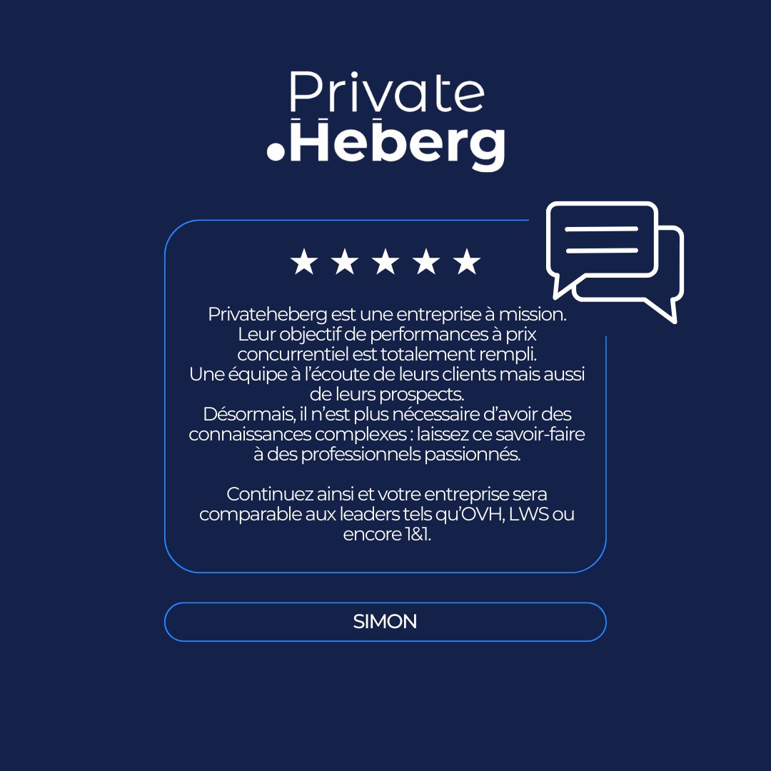 PrivateHebergFR's tweet image. Merci Simon pour vos étoiles ! 🌟 Chez PRIVATE HEBERG, notre mission est de vous offrir performance à prix compétitif avec une oreille attentive à vos besoins.

Rejoignez-nous pour une expérience d&apos;hébergement de haut niveau.

#AvisClient #WebHosting #Excellence