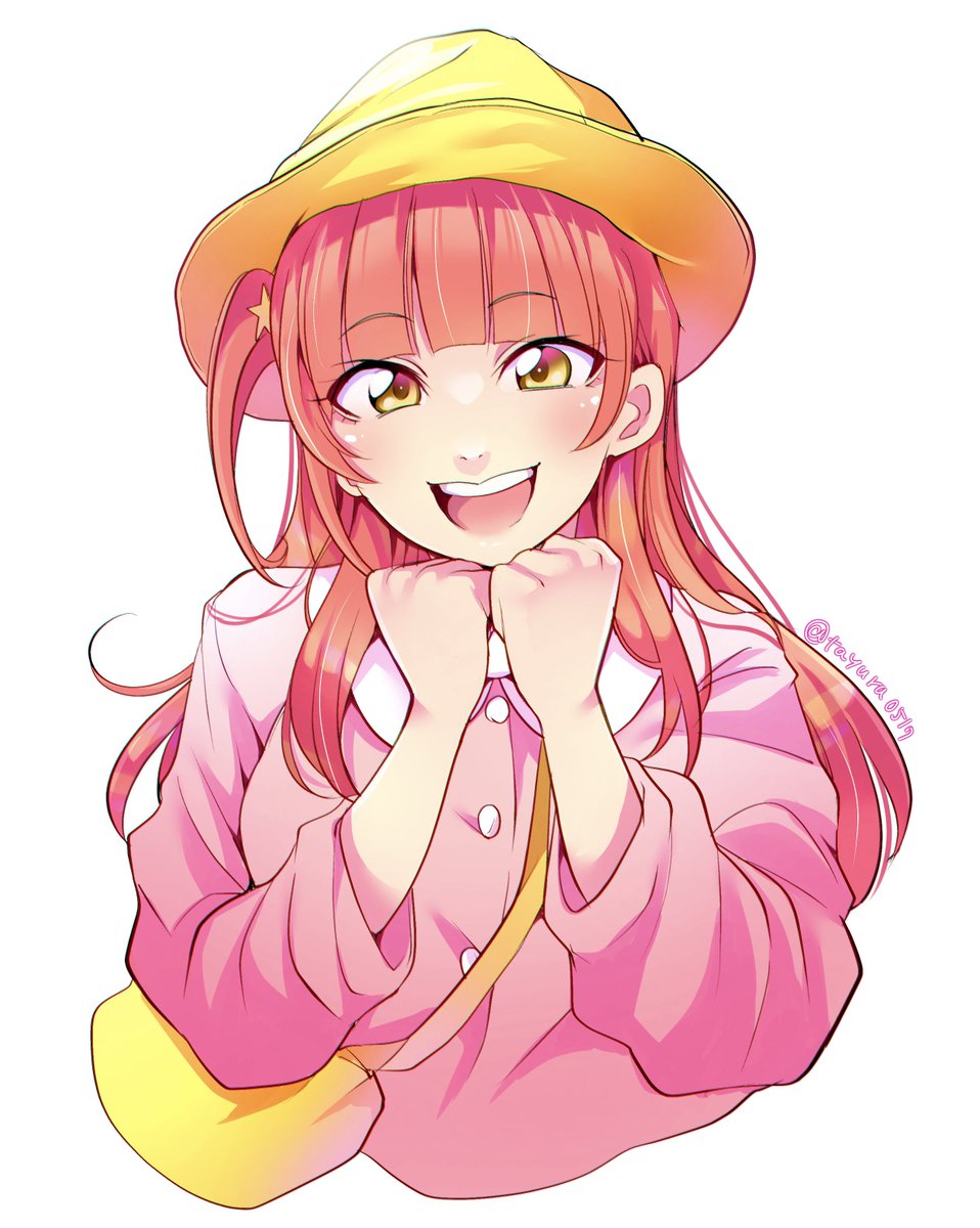 1girl yellow headwear hat solo smile white background open mouth  illustration images