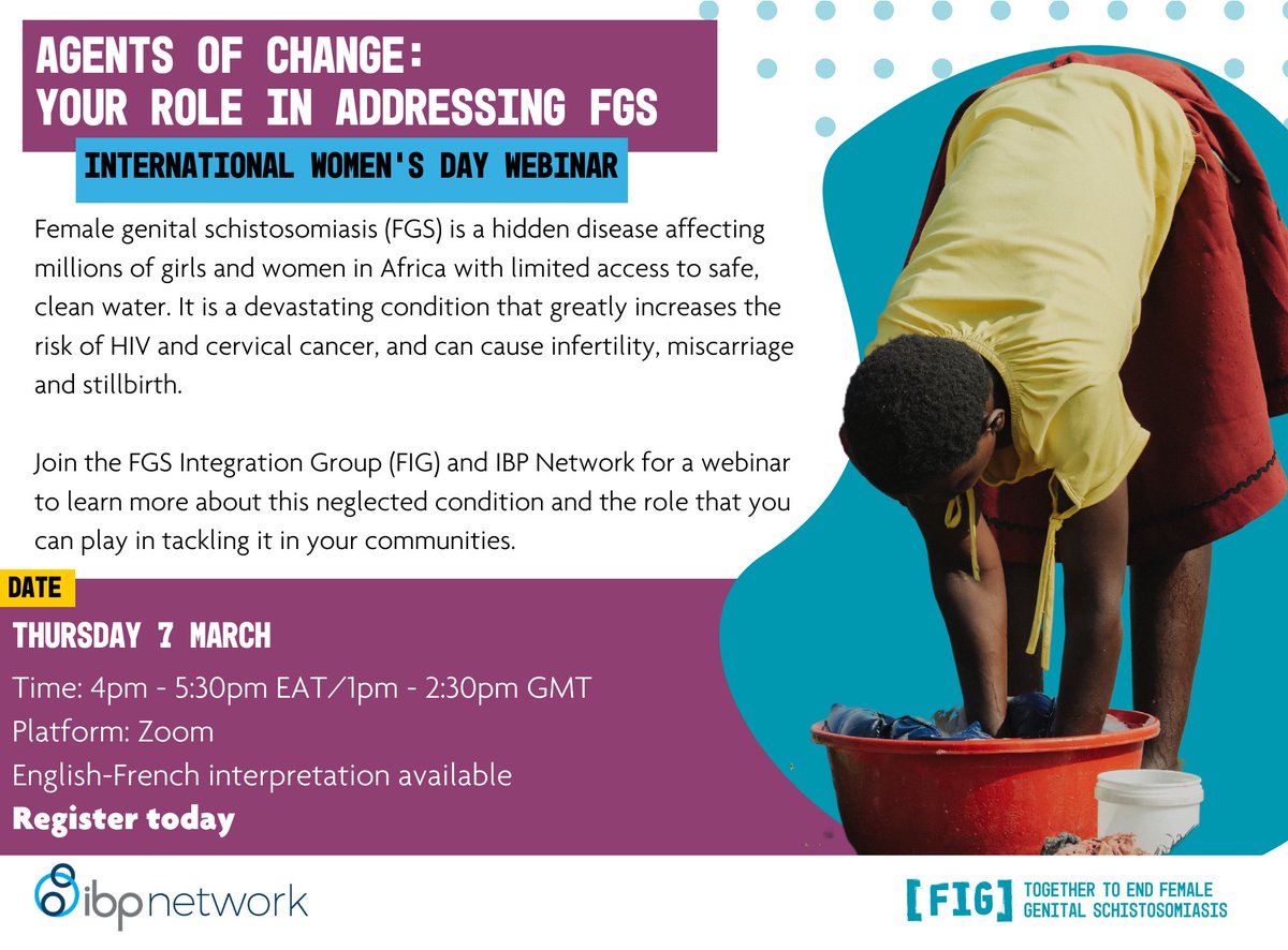 📣Healthcare workers: Join our webinar on Female Genital Schistosomiasis (FGS) in Africa, a hidden disease affecting millions that increases #HIV, cervical cancer, and infertility risks. Sign up: bit.ly/3SVvtnx #FGSchisto #IWD