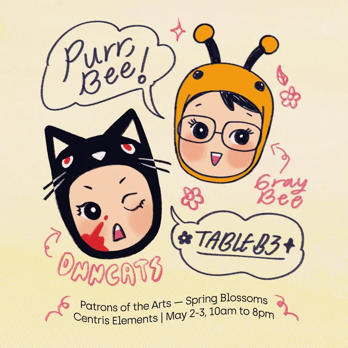 purrrrr, bee! 🐈‍⬛🐝

catch me and @buwanshine at PotA this weekend! we'll be selling prints, stickers, and more!! see u &lt;3 #PotASpringBlossoms 
