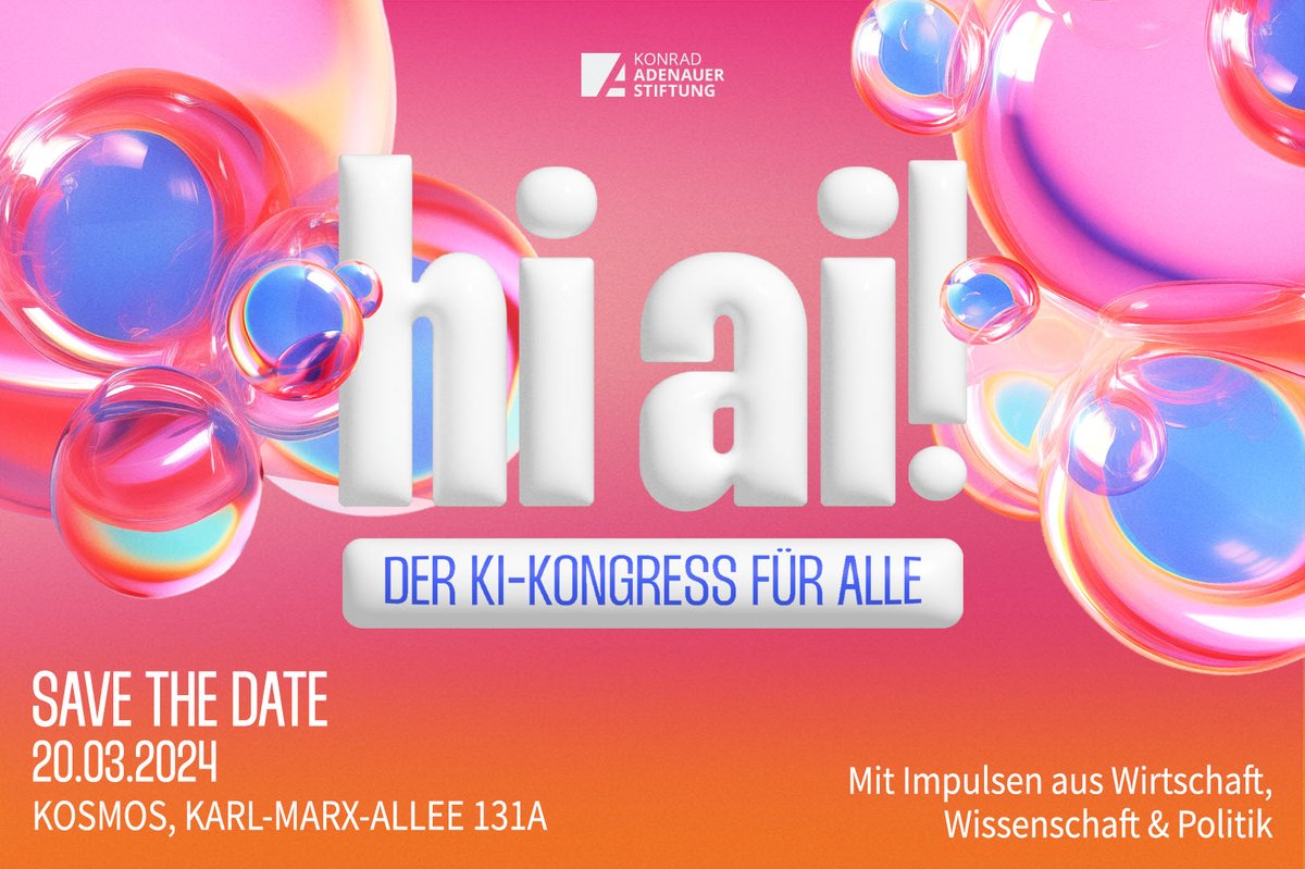 Während die Meinungen von Euphorie bis Skepsis reichen, steht eines fest: #AI ist sowohl Chance, als auch Herausforderung für unsere #Demokratie, unsere Arbeitsweise &amp; unser Lernen. Auf unserem "Hi, AI"-Kongress diskutieren wir mit Expertinnen &amp; Experten: kas.de/de/veranstaltu…
