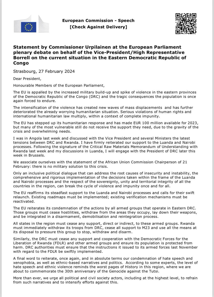 Il est regrettable que, s'agissant de la #RDC, la Commission de l’Union Européenne se distingue par la politique de deux poids, deux mesures. Manifestement, les 12 millions de morts de la RDC depuis 1997 ne sont pas assez pour mériter commémoration. Que dire alors des 7 millions