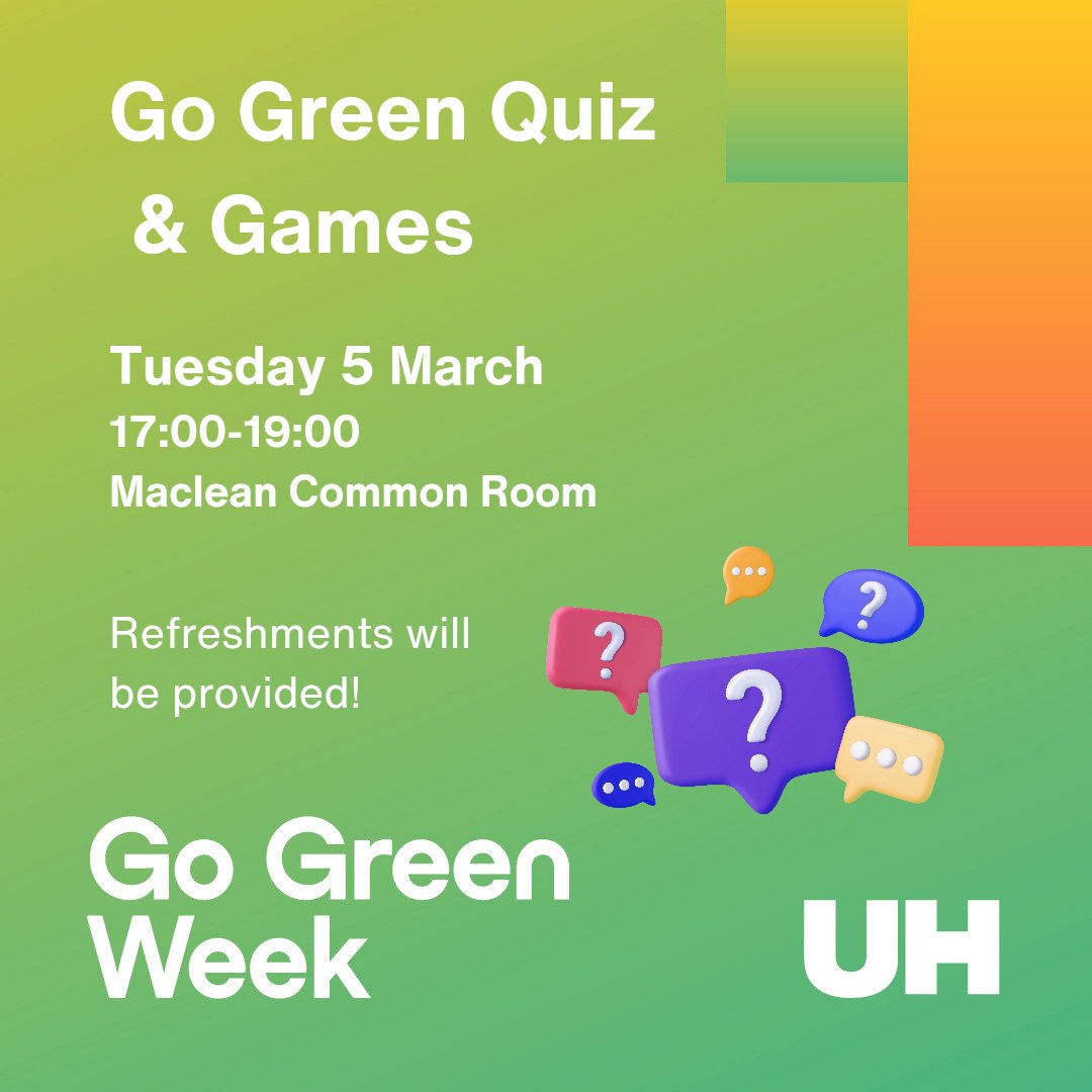 🌍 Test your Go Green knowledge at our quiz and games night next Tuesday. Refreshments will be provided. Prizes to be won! 🌟
Open to all @UniofHerts students. Sign up here: forms.office.com/e/a727XZsNHX
#GoGreenGoHerts! 💚
#GoGreenWeek2024