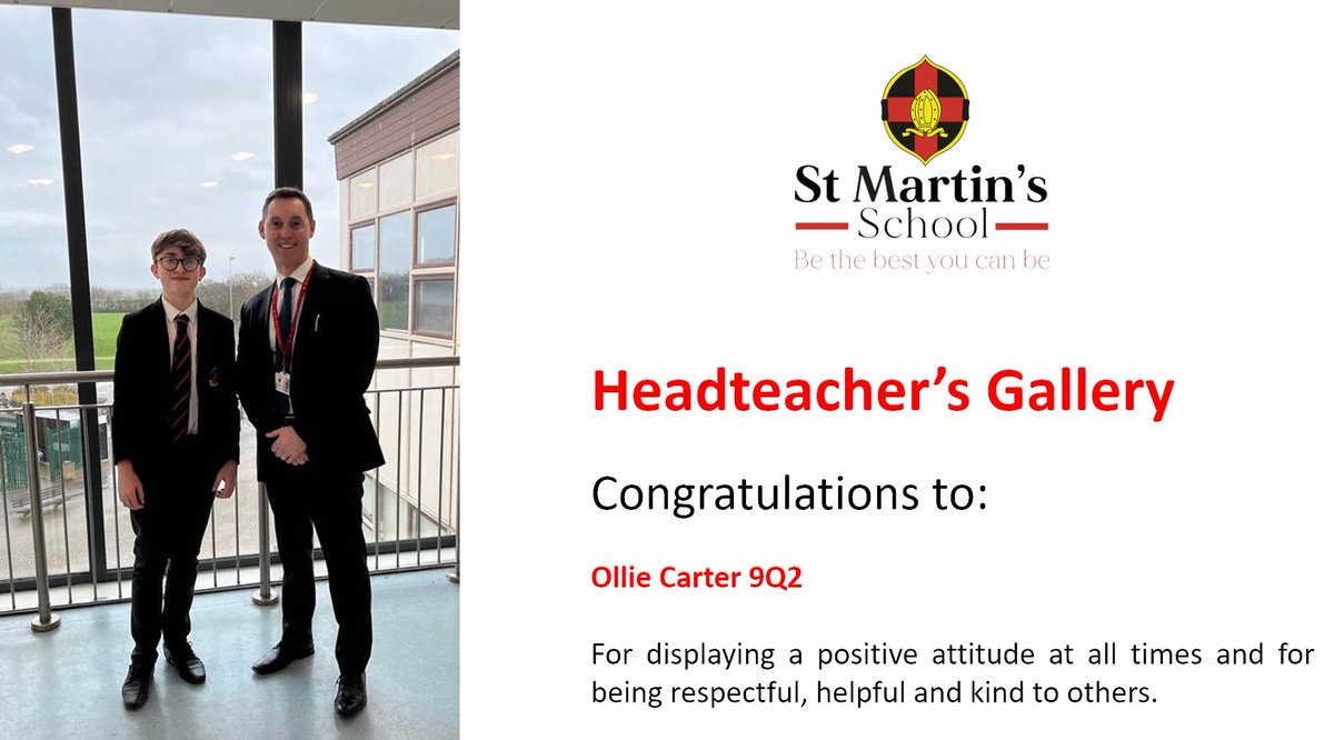 Congratulations to Ollie Carter in Year 9 who was nominated for Headteacher's Gallery. #bekindbesafeberesponsible