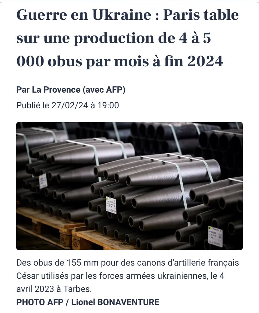 À l’échelle du conflit 🇺🇦, ça représente la consommation de l’artillerie russe en 8h. Et contrairement à ce que dit l’article, ces obus sont au standard OTAN, donc compatibles avec tous les armements de 155 mm fournis par les Occidentaux, USA compris. 1/2 laprovence.com/article/france…